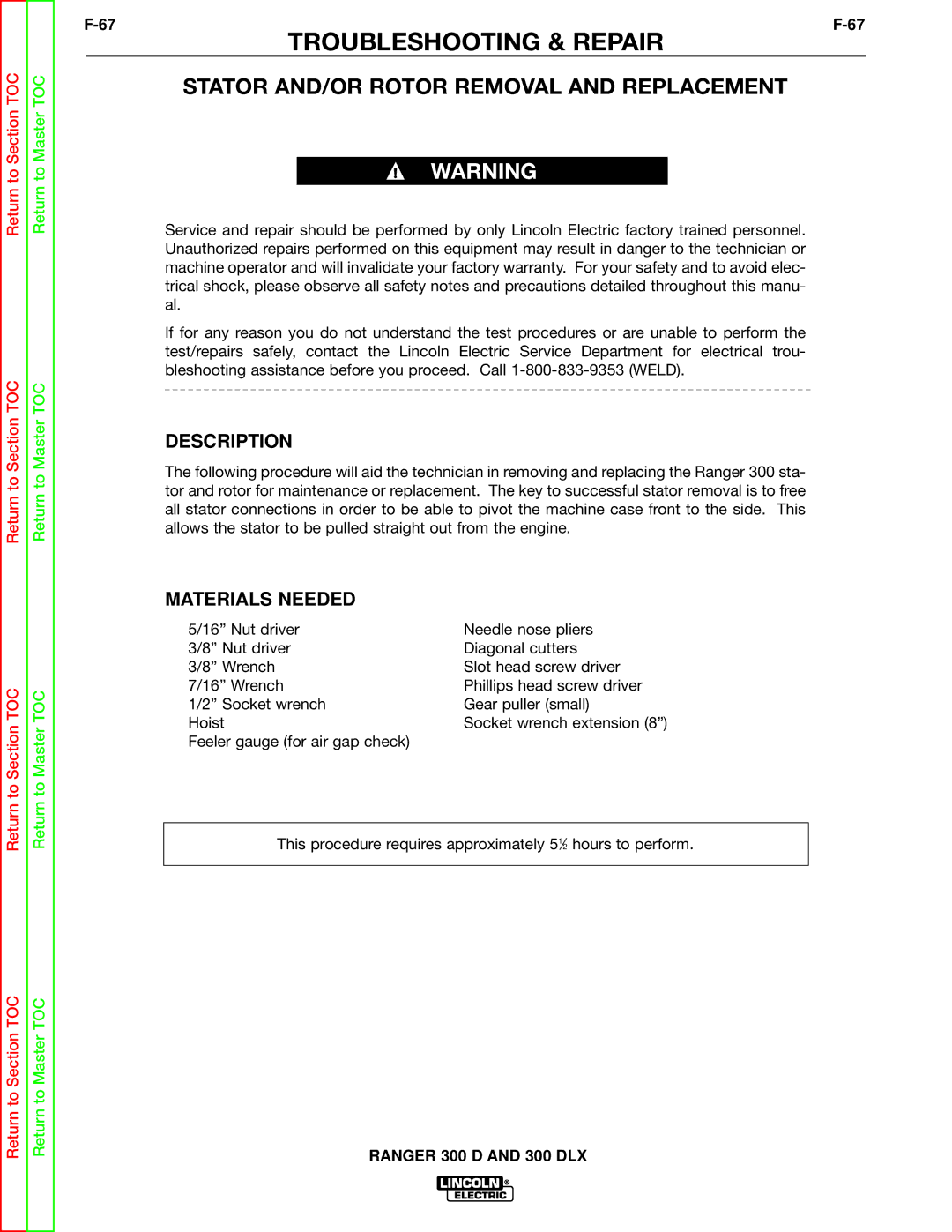 Lincoln Electric SVM148-B service manual Stator AND/OR Rotor Removal and Replacement, Description 