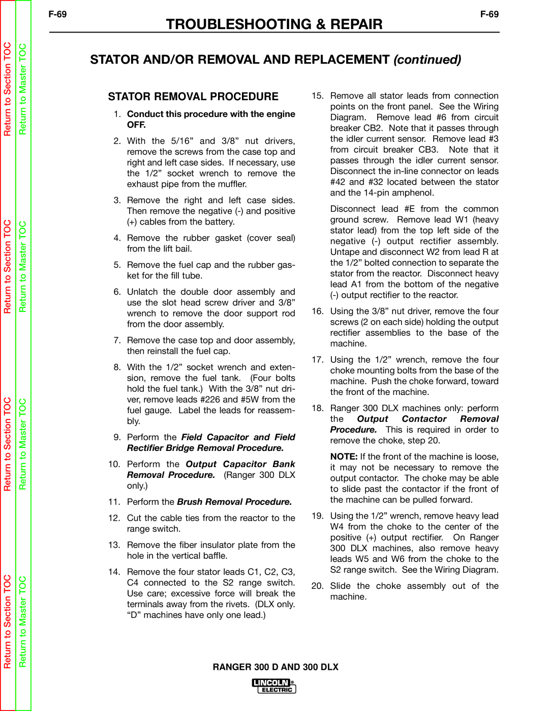 Lincoln Electric SVM148-B service manual Stator Removal Procedure, Conduct this procedure with the engine OFF 