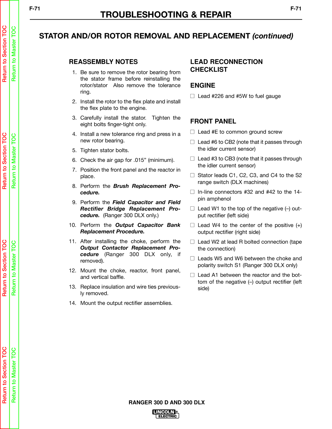 Lincoln Electric SVM148-B service manual Reassembly Notes, Lead Reconnection Checklist Engine, Front Panel 