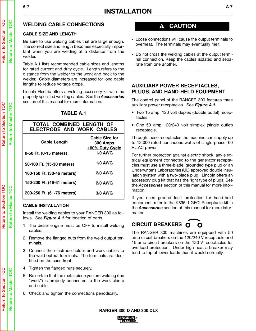 Lincoln Electric SVM148-B Welding Cable Connections, Table A.1, Total Combined Length of Electrode and Work Cables 