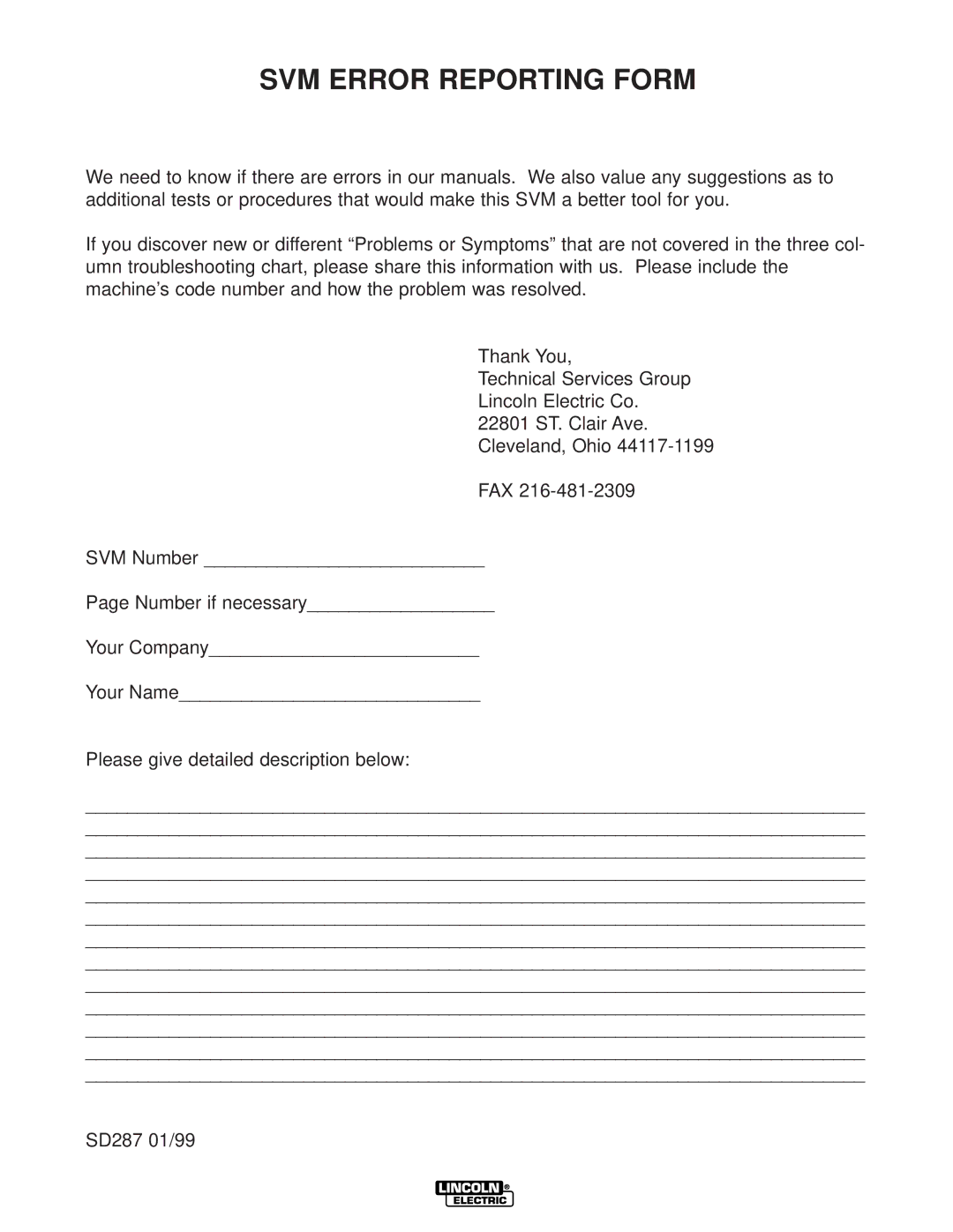 Lincoln Electric SVM148-B service manual SVM Error Reporting Form 