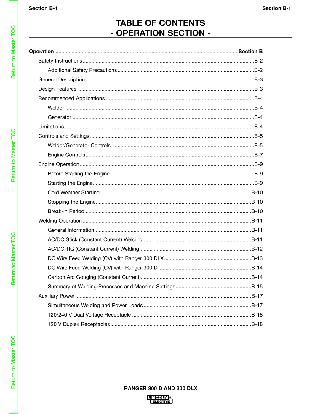 Lincoln Electric SVM148-B service manual Table of Contents Operation Section 