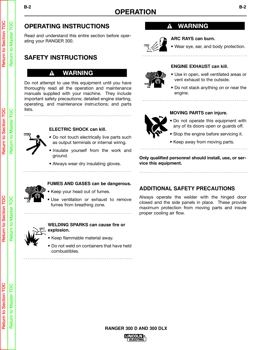 Lincoln Electric SVM148-B service manual Operation, Operating Instructions, Safety Instructions 