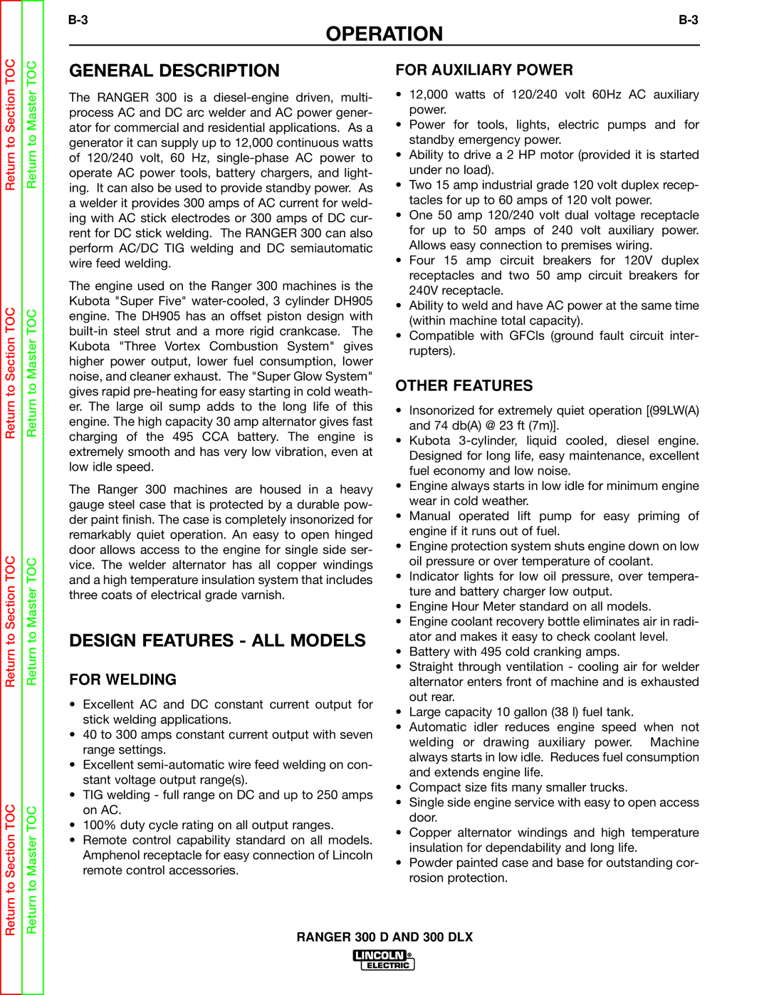 Lincoln Electric SVM148-B service manual General Description, Design Features ALL Models, For Welding, For Auxiliary Power 