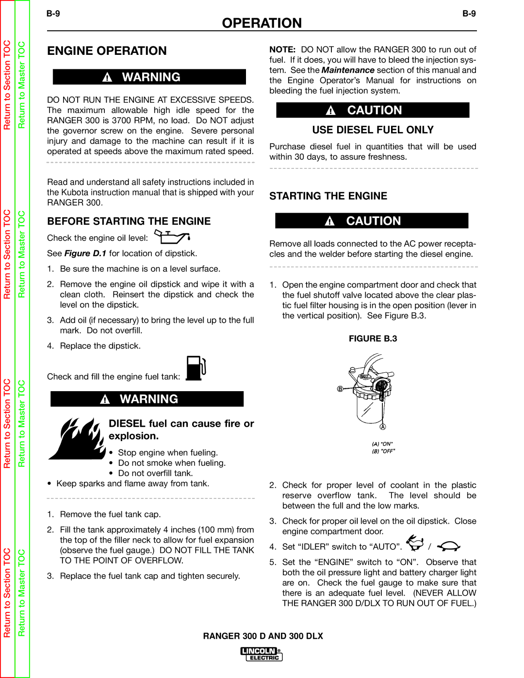 Lincoln Electric SVM148-B service manual Engine Operation, Before Starting the Engine 