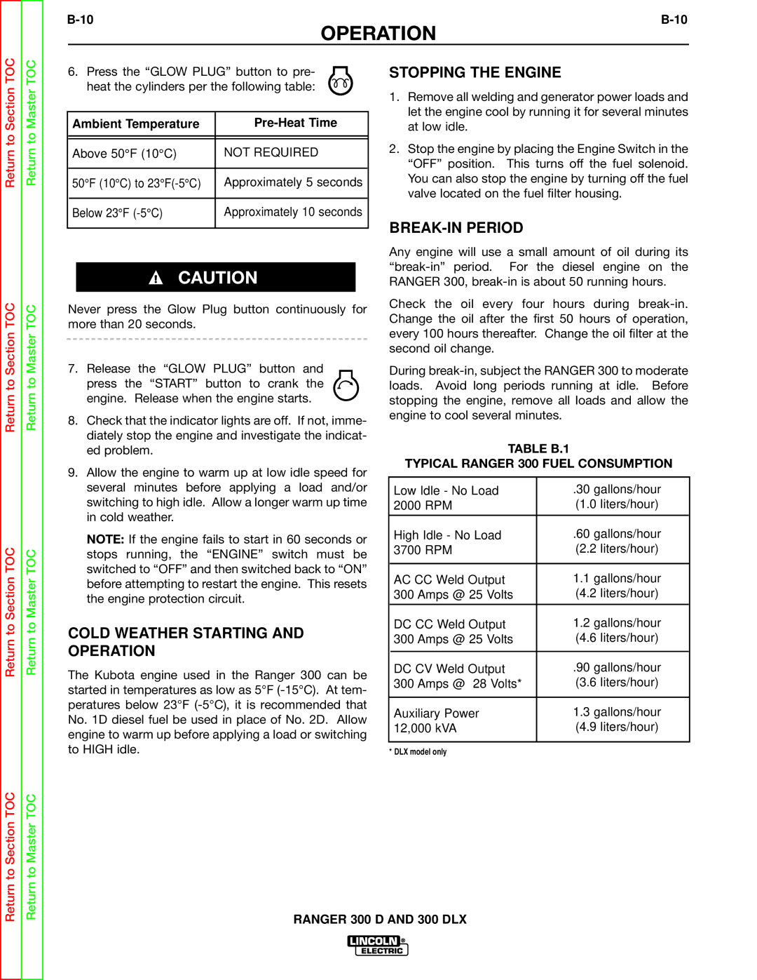 Lincoln Electric SVM148-B service manual Cold Weather Starting and Operation, Stopping the Engine, BREAK-IN Period 