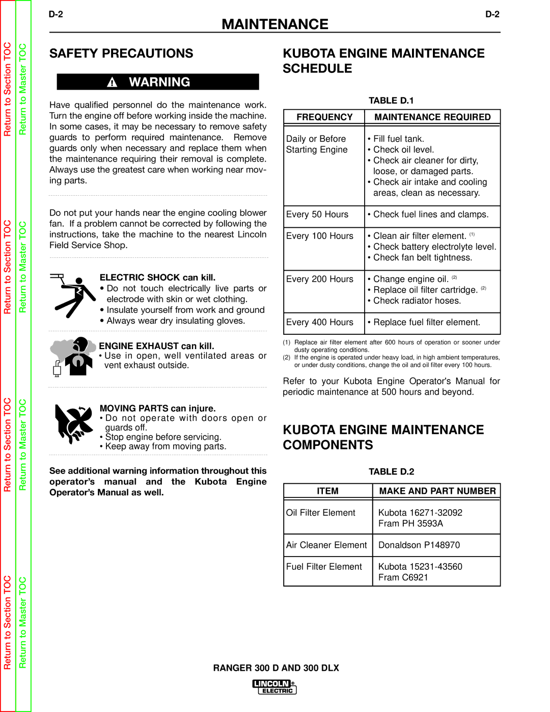 Lincoln Electric SVM148-B service manual Safety Precautions Kubota Engine Maintenance Schedule, Frequency 