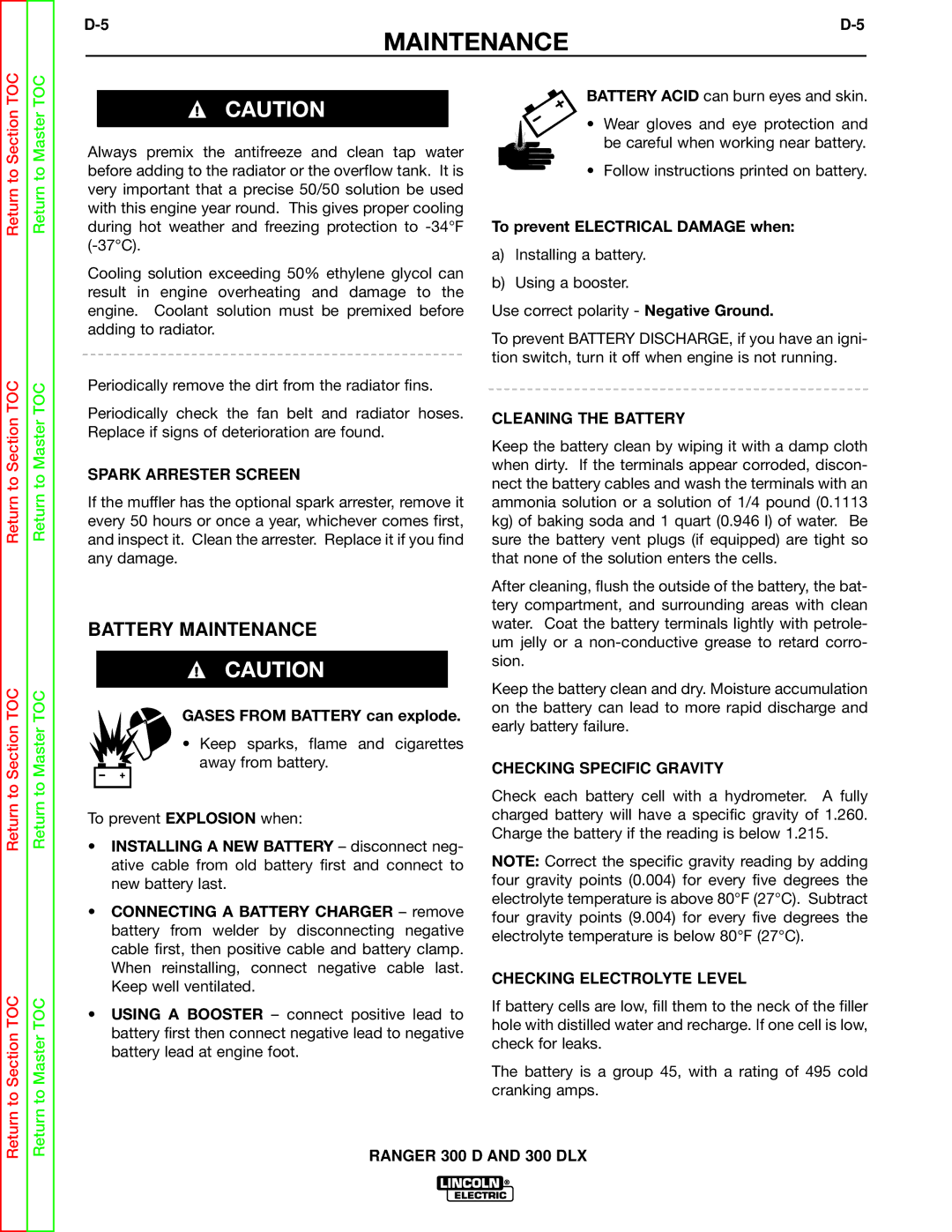 Lincoln Electric SVM148-B service manual Battery Maintenance, To prevent Electrical Damage when 