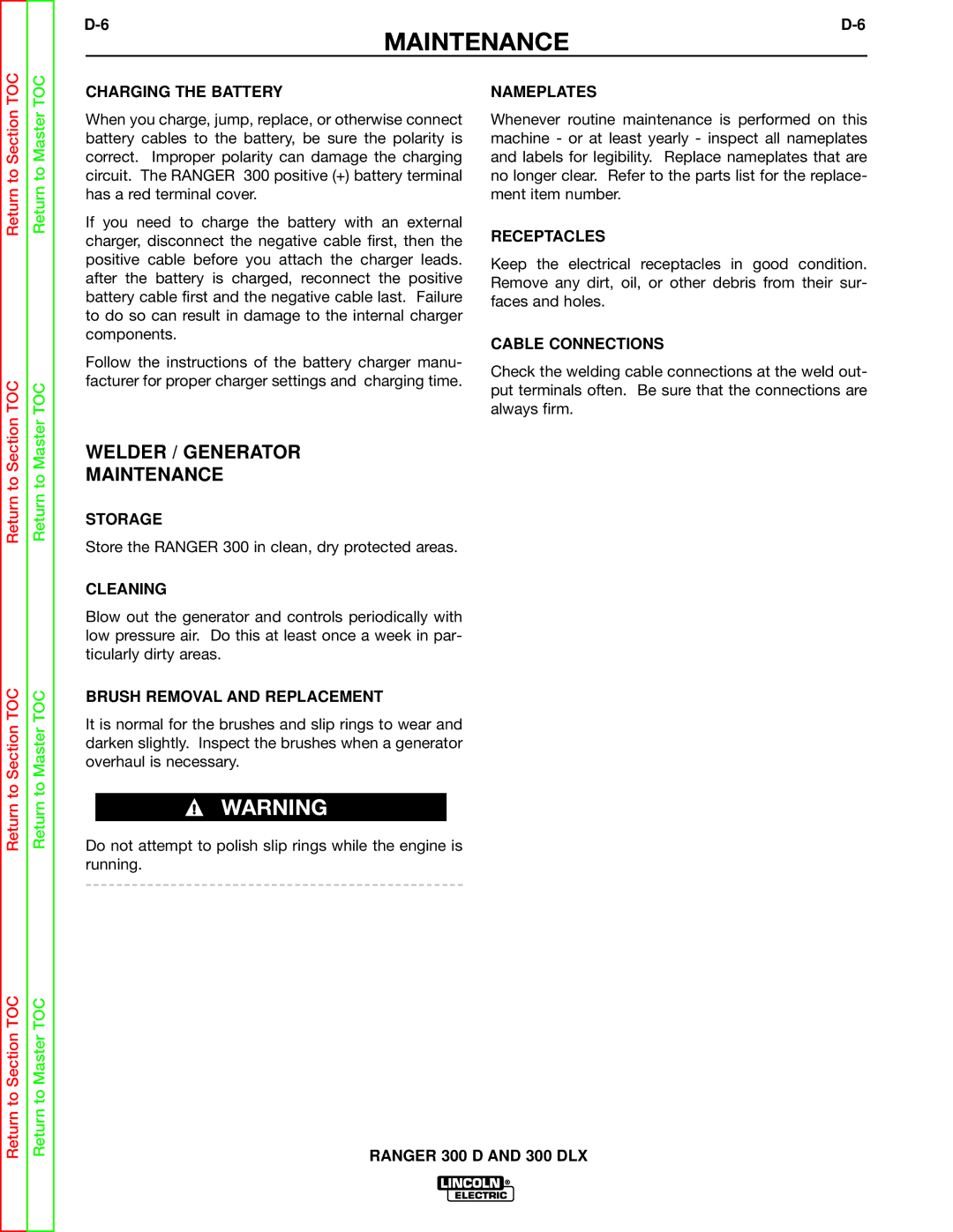 Lincoln Electric SVM148-B service manual Welder / Generator Maintenance, Charging the Battery 