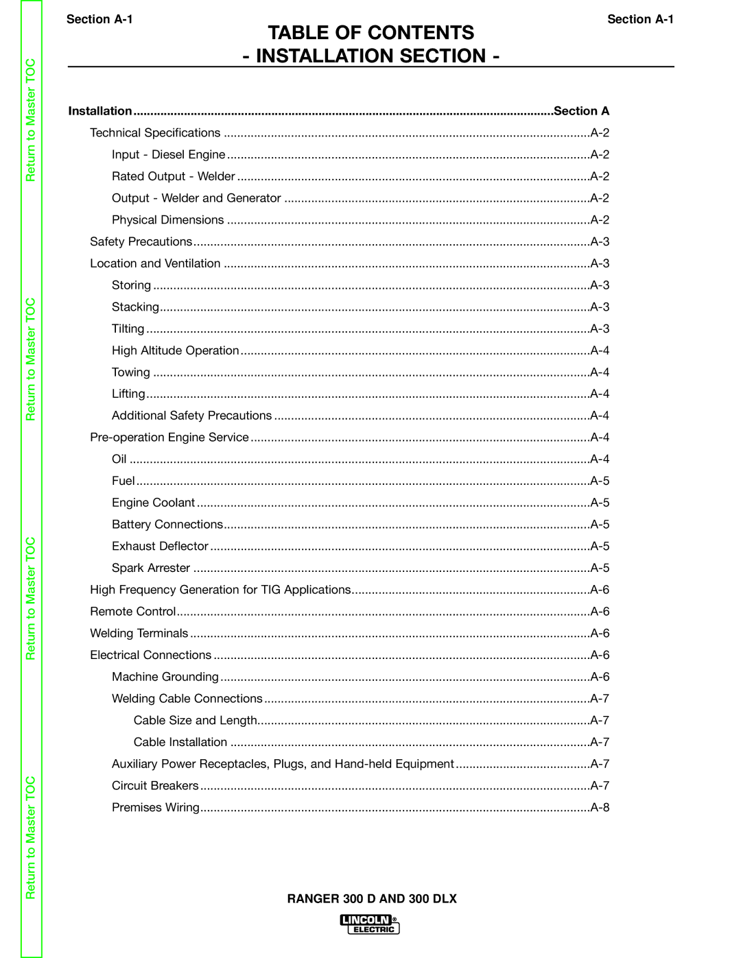 Lincoln Electric SVM148-B service manual Table of Contents Installation Section 