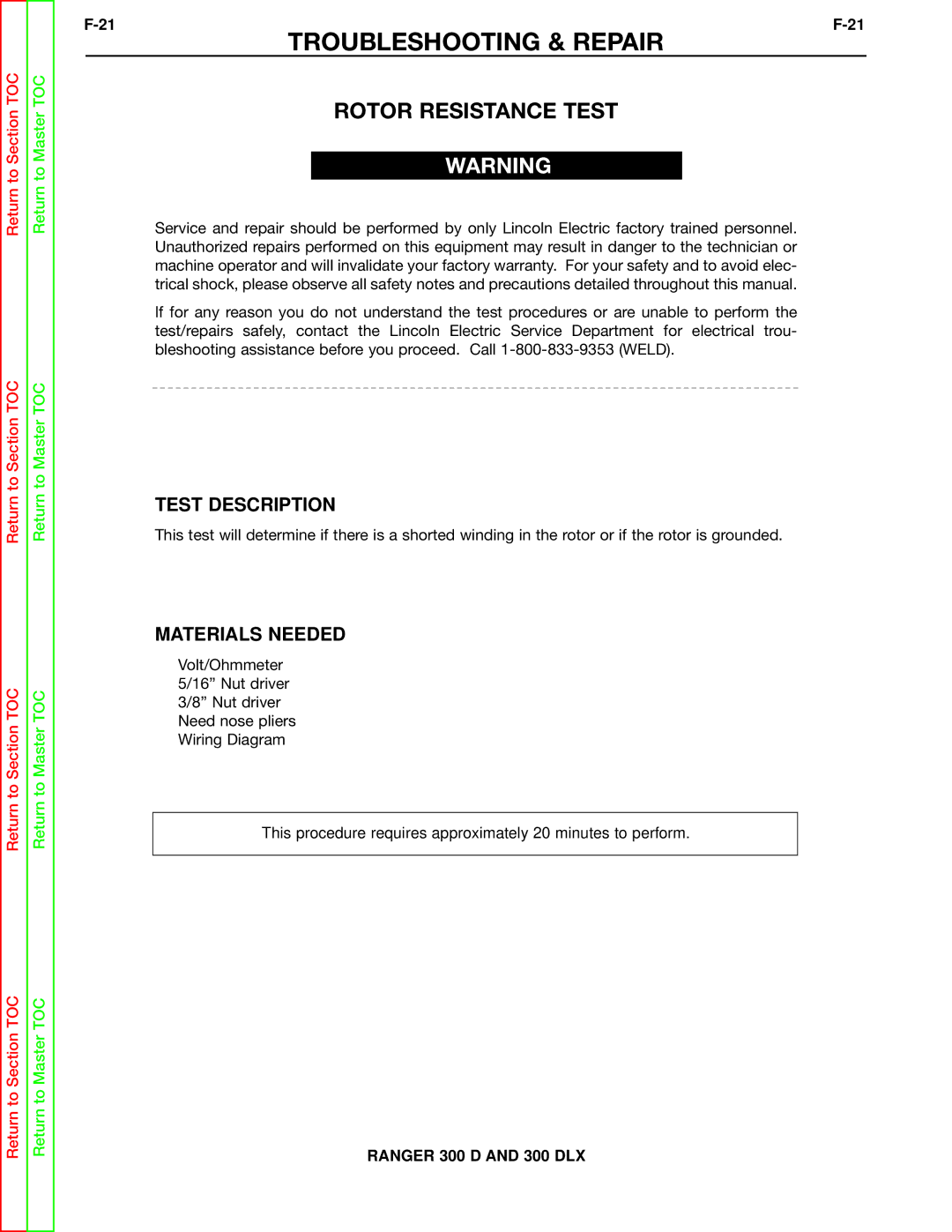 Lincoln Electric SVM148-B service manual Rotor Resistance Test, Test Description, Materials Needed 