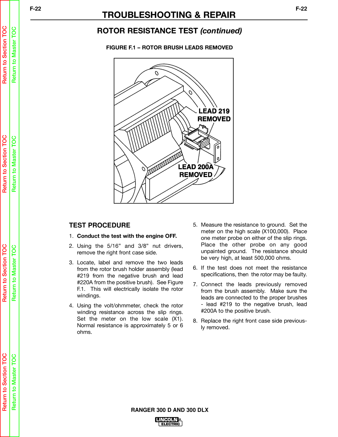Lincoln Electric SVM148-B service manual Rotor Resistance Test, Test Procedure, Conduct the test with the engine OFF 