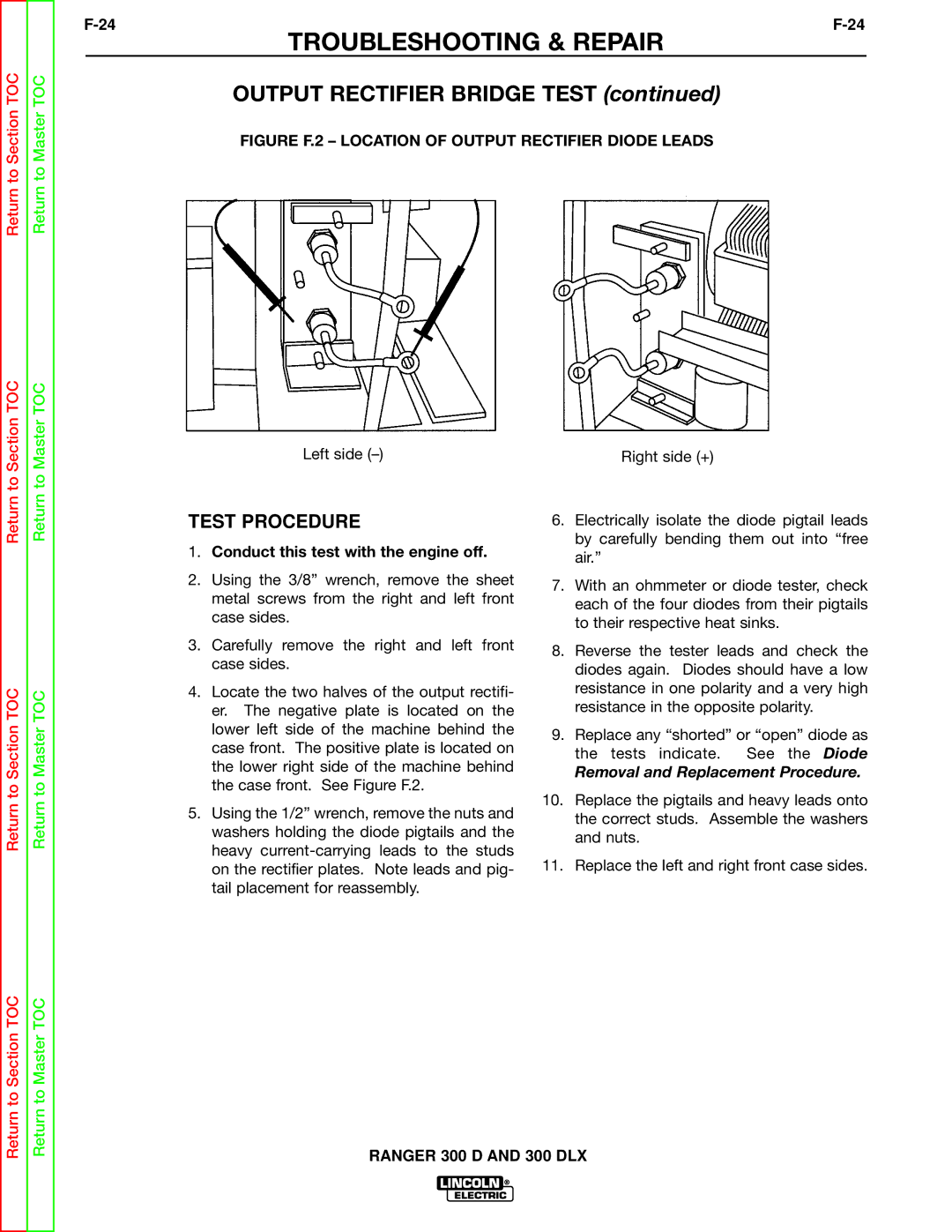 Lincoln Electric SVM148-B service manual Output Rectifier Bridge Test, Conduct this test with the engine off 