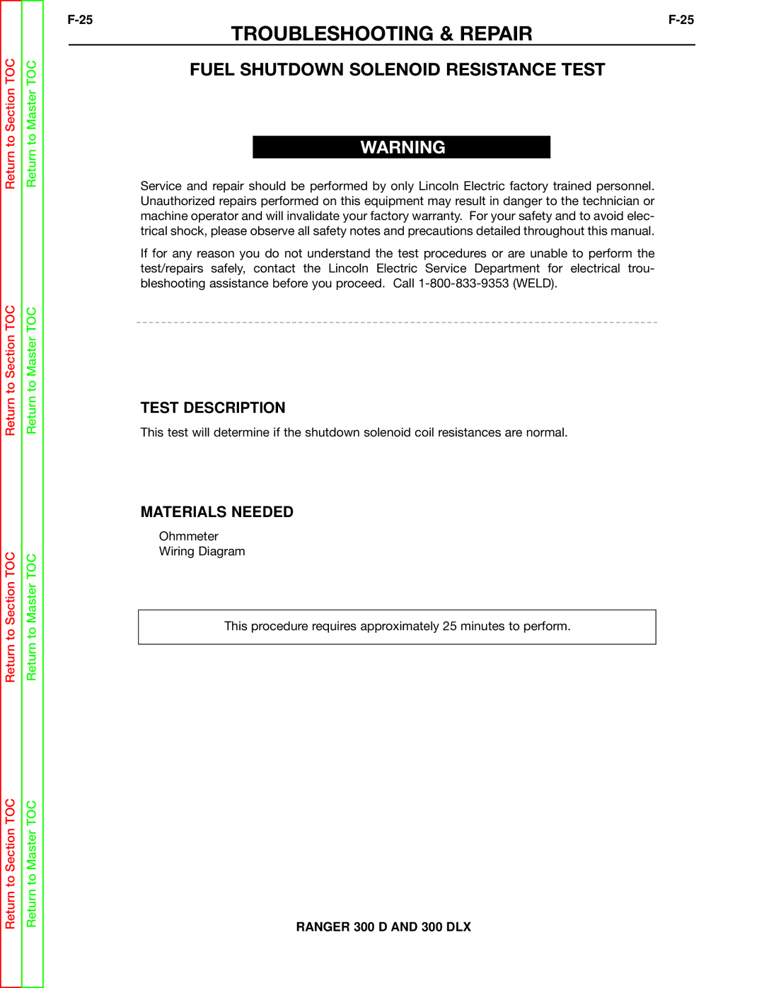 Lincoln Electric SVM148-B service manual Fuel Shutdown Solenoid Resistance Test 