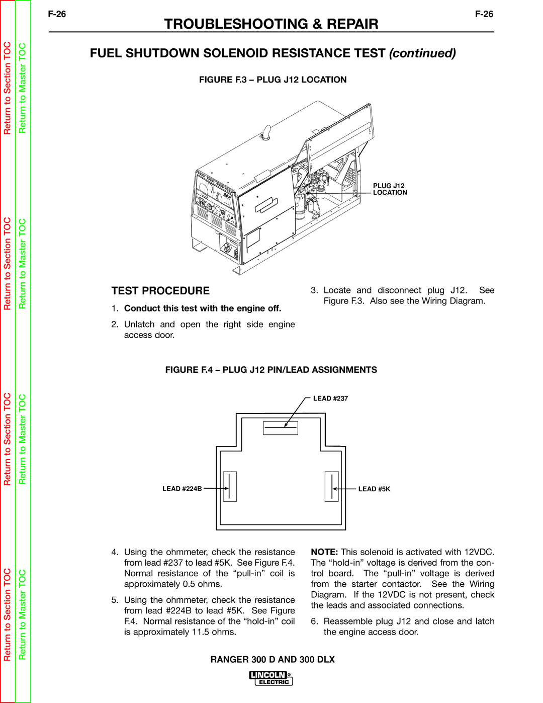 Lincoln Electric SVM148-B service manual Fuel Shutdown Solenoid Resistance Test, Figure F.3 Plug J12 Location 
