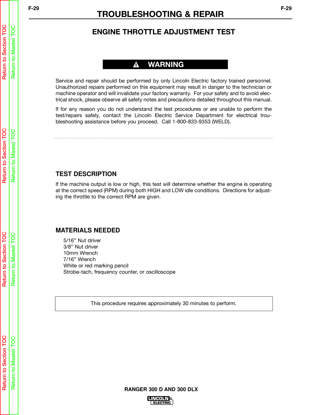 Lincoln Electric SVM148-B service manual Engine Throttle Adjustment Test 