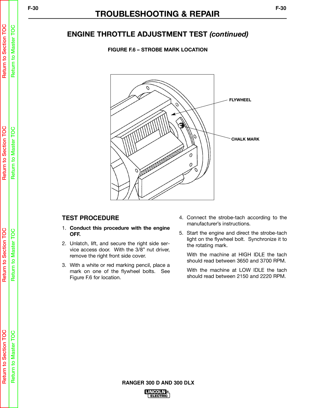 Lincoln Electric SVM148-B service manual Engine Throttle Adjustment Test, Conduct this procedure with the engine OFF 