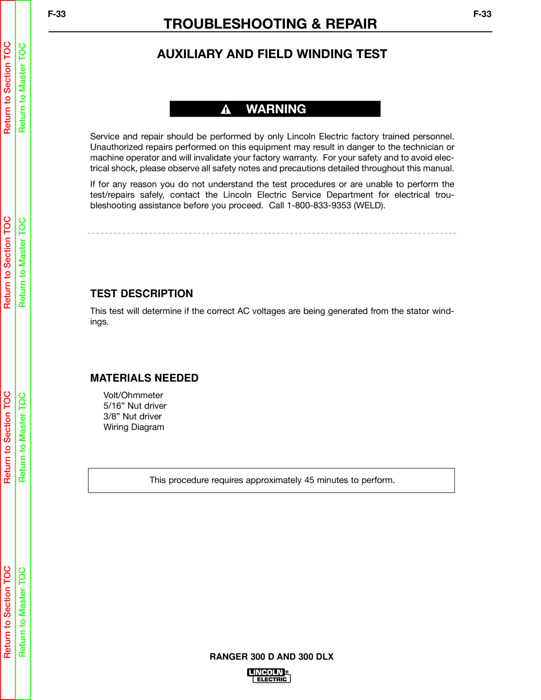 Lincoln Electric SVM148-B service manual Auxiliary and Field Winding Test, Test Description 