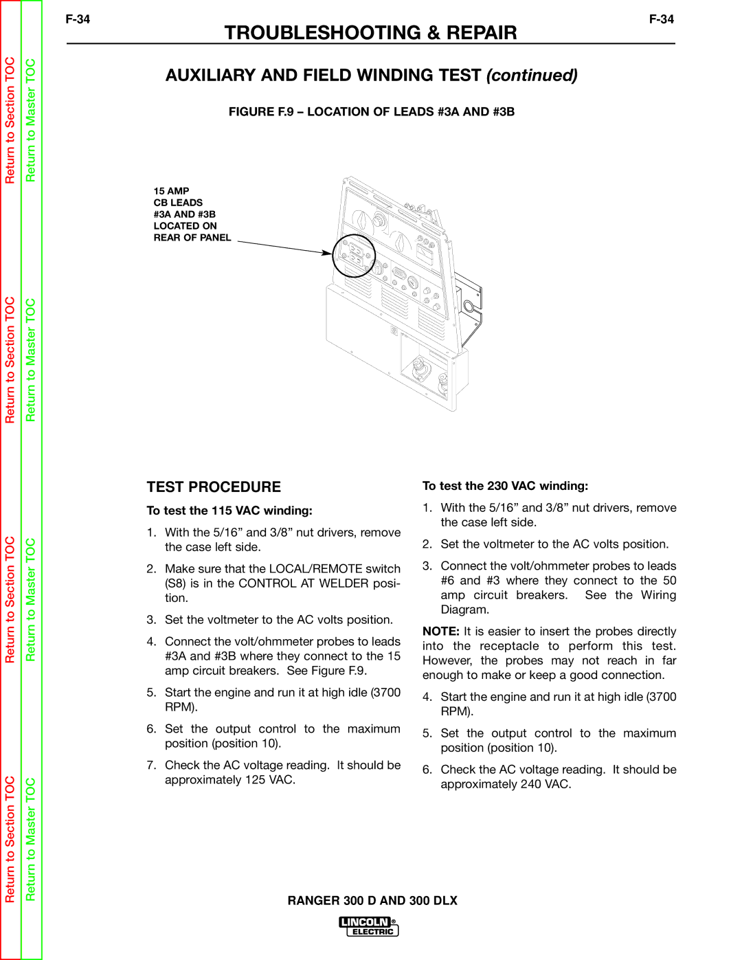 Lincoln Electric SVM148-B Auxiliary and Field Winding Test, To test the 115 VAC winding, To test the 230 VAC winding 