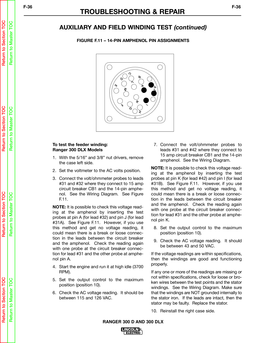 Lincoln Electric SVM148-B Figure F.11 14-PIN Amphenol PIN Assignments, To test the feeder winding Ranger 300 DLX Models 