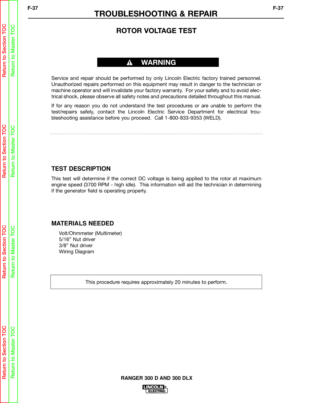 Lincoln Electric SVM148-B service manual Rotor Voltage Test, Test Description 