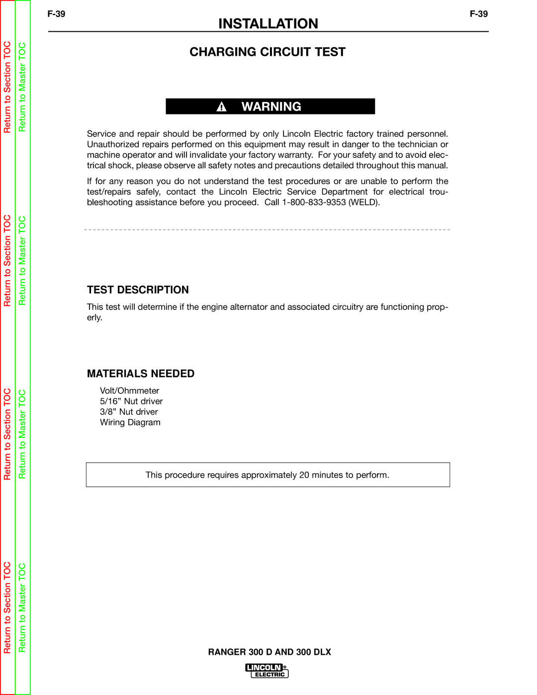 Lincoln Electric SVM148-B service manual Installation, Charging Circuit Test 