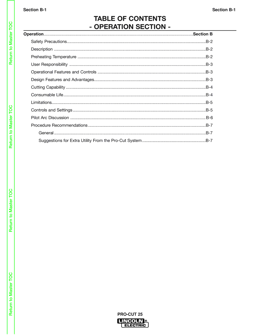 Lincoln Electric SVM149-A service manual Table of Contents Operation Section 