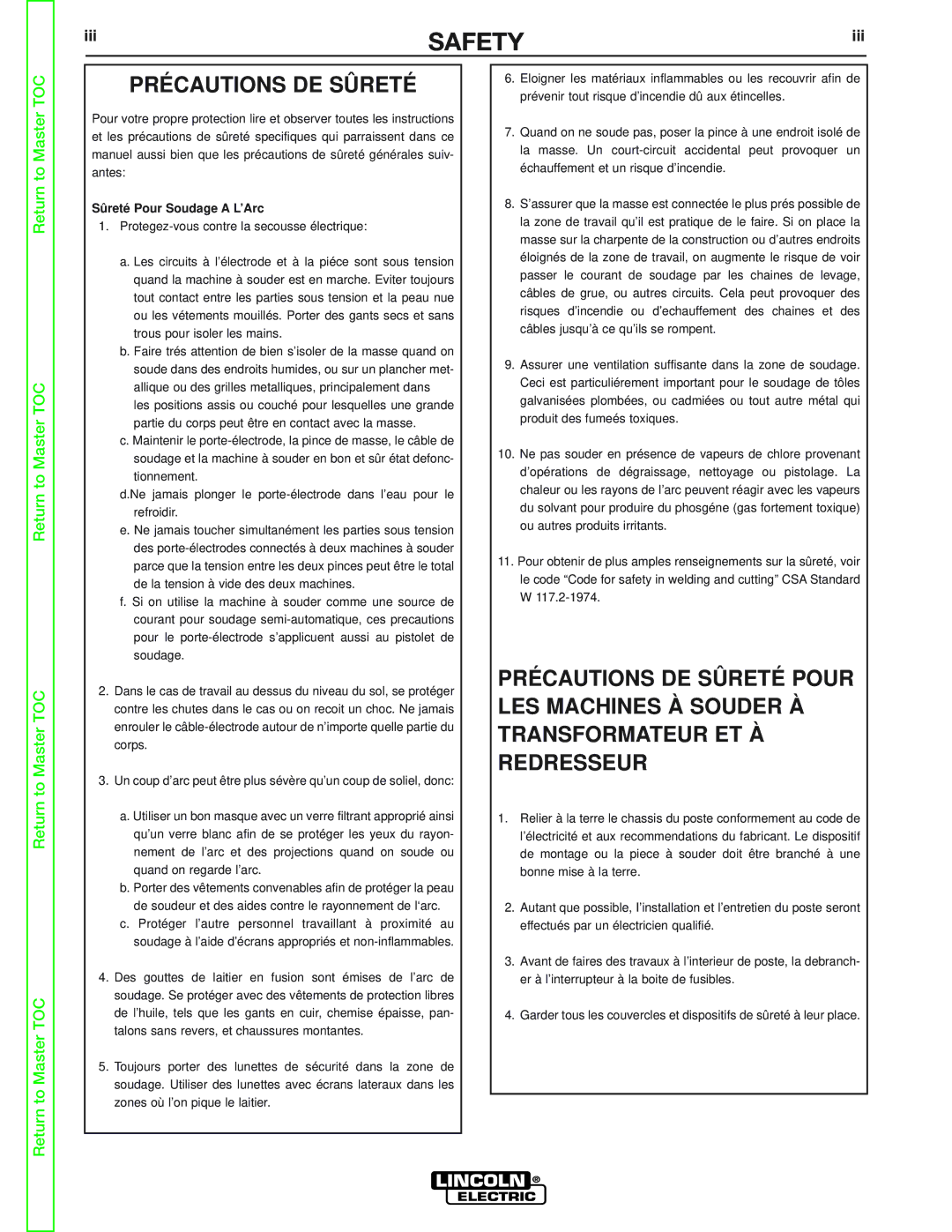 Lincoln Electric SVM149-A service manual Safety, Précautions DE Sûreté 