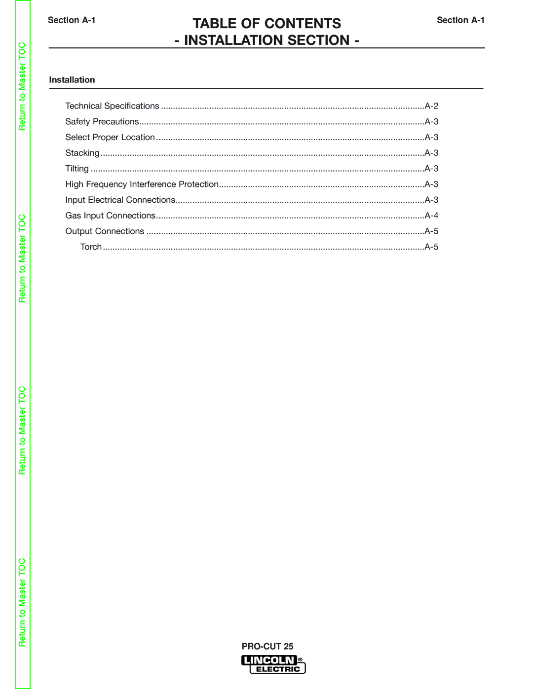 Lincoln Electric SVM149-A service manual Table of Contents, Installation Section 