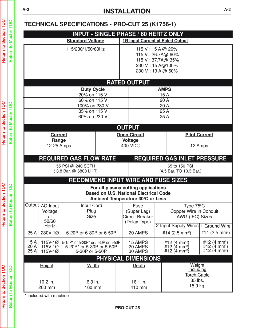 Lincoln Electric SVM149-A service manual Installation, Technical Specifications PRO-CUT 25 K1756-1 