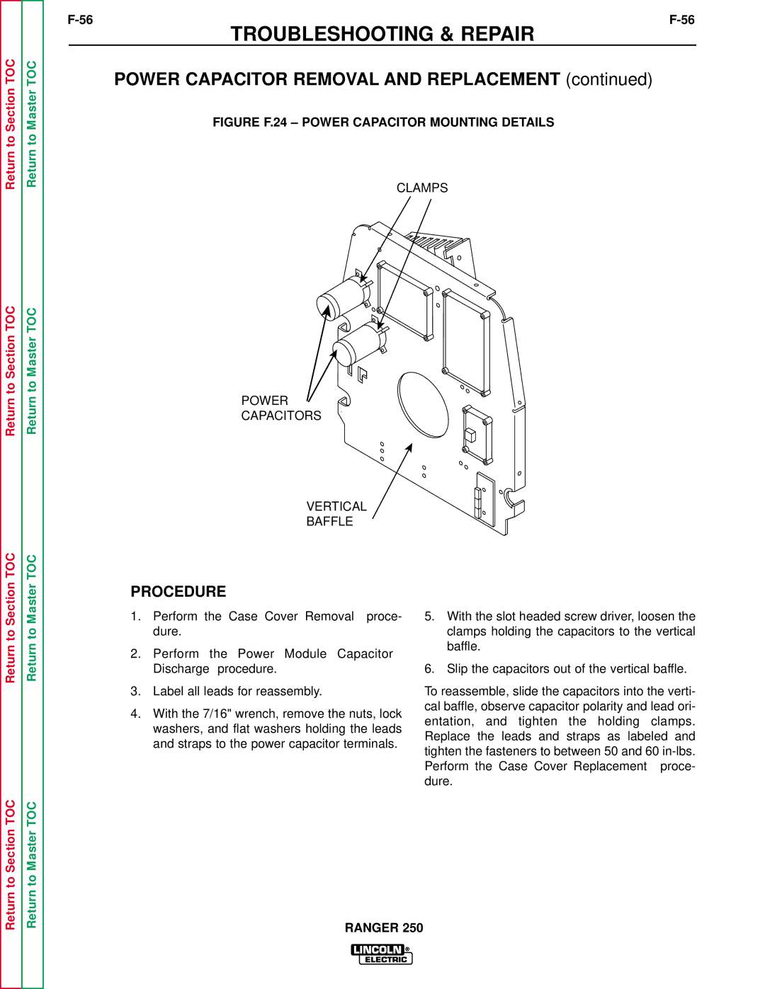 Lincoln Electric SVM150-A service manual Power Capacitor Removal and Replacement, Procedure 