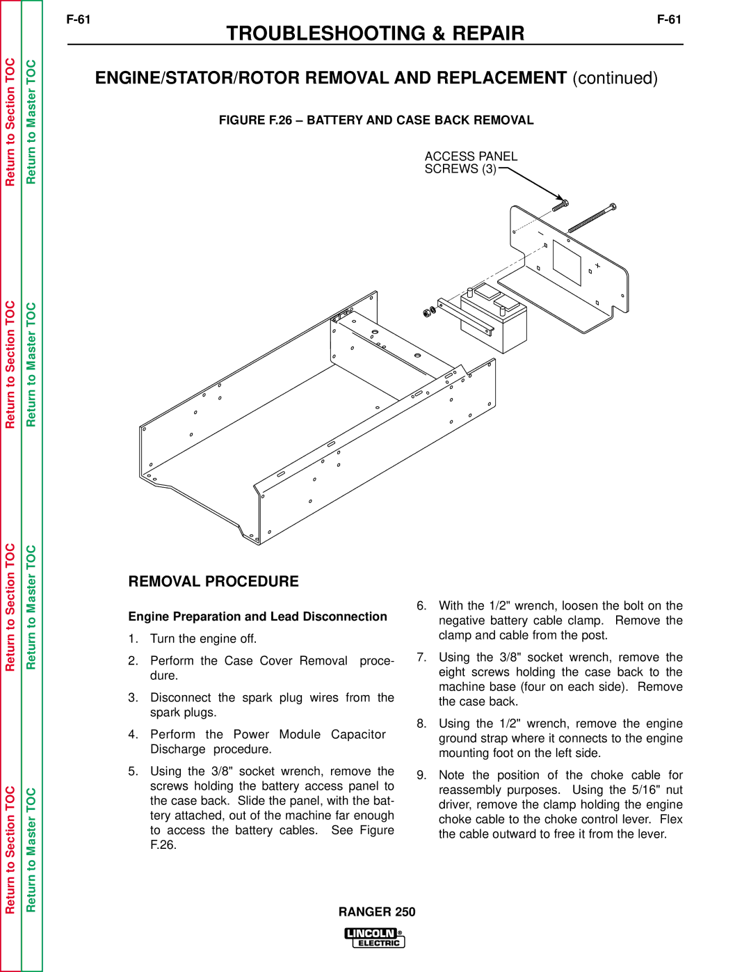 Lincoln Electric SVM150-A ENGINE/STATOR/ROTOR Removal and Replacement, Engine Preparation and Lead Disconnection 