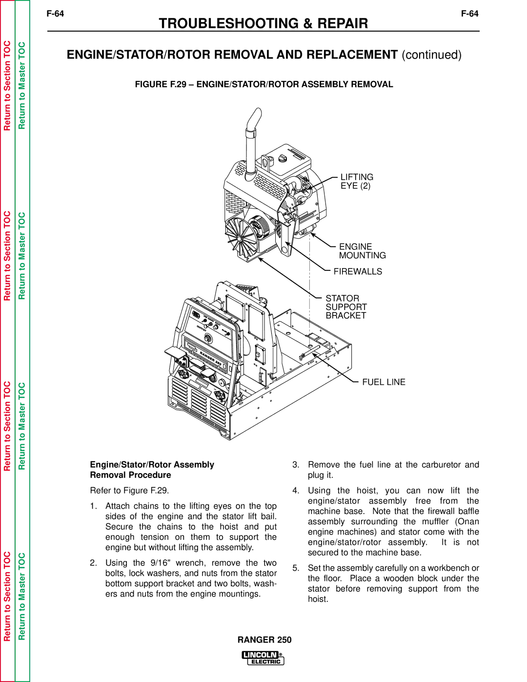 Lincoln Electric SVM150-A Figure F.29 ENGINE/STATOR/ROTOR Assembly Removal, Engine/Stator/Rotor Assembly Removal Procedure 