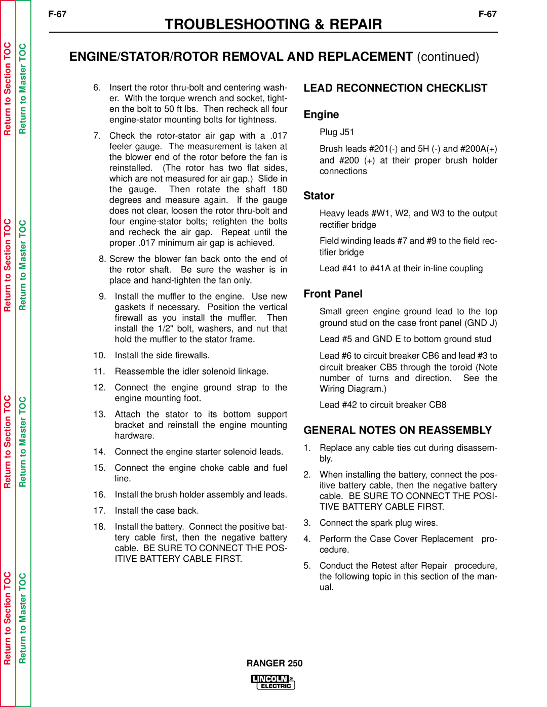 Lincoln Electric SVM150-A service manual Lead Reconnection Checklist, General Notes on Reassembly 