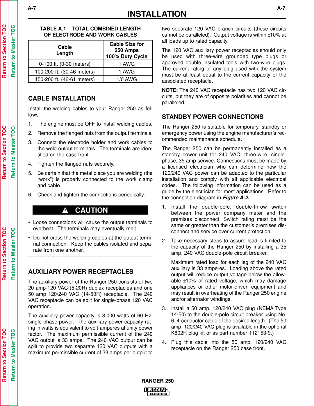 Lincoln Electric SVM150-A service manual Cable Installation, Auxiliary Power Receptacles, Standby Power Connections 