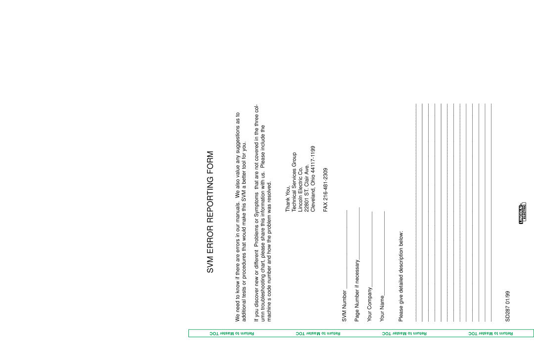 Lincoln Electric SVM150-A service manual SVM Error Reporting Form 