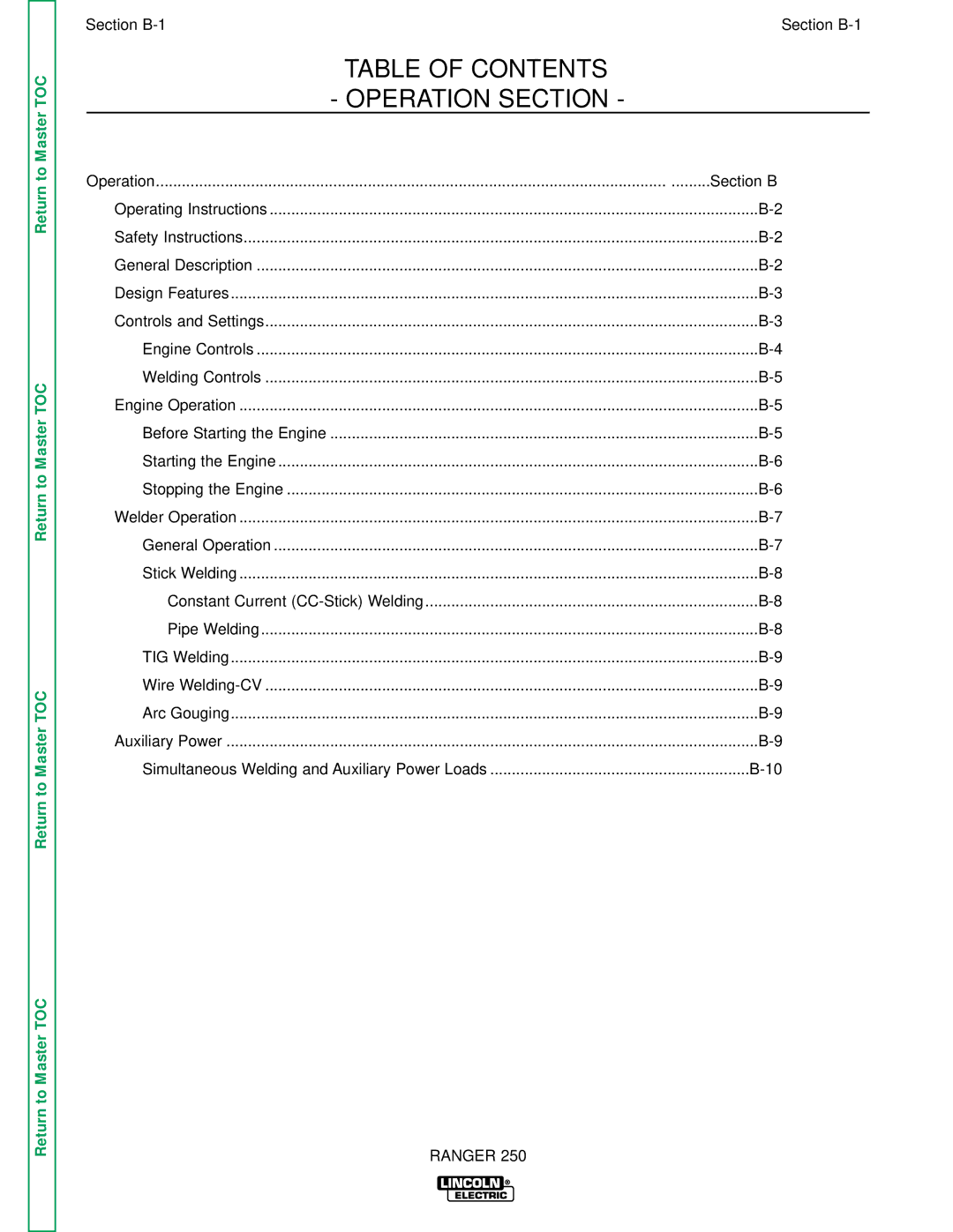 Lincoln Electric SVM150-A service manual Table of Contents Operation Section 