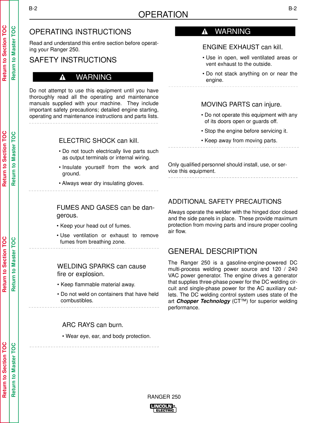 Lincoln Electric SVM150-A service manual Operation, Operating Instructions, Safety Instructions 