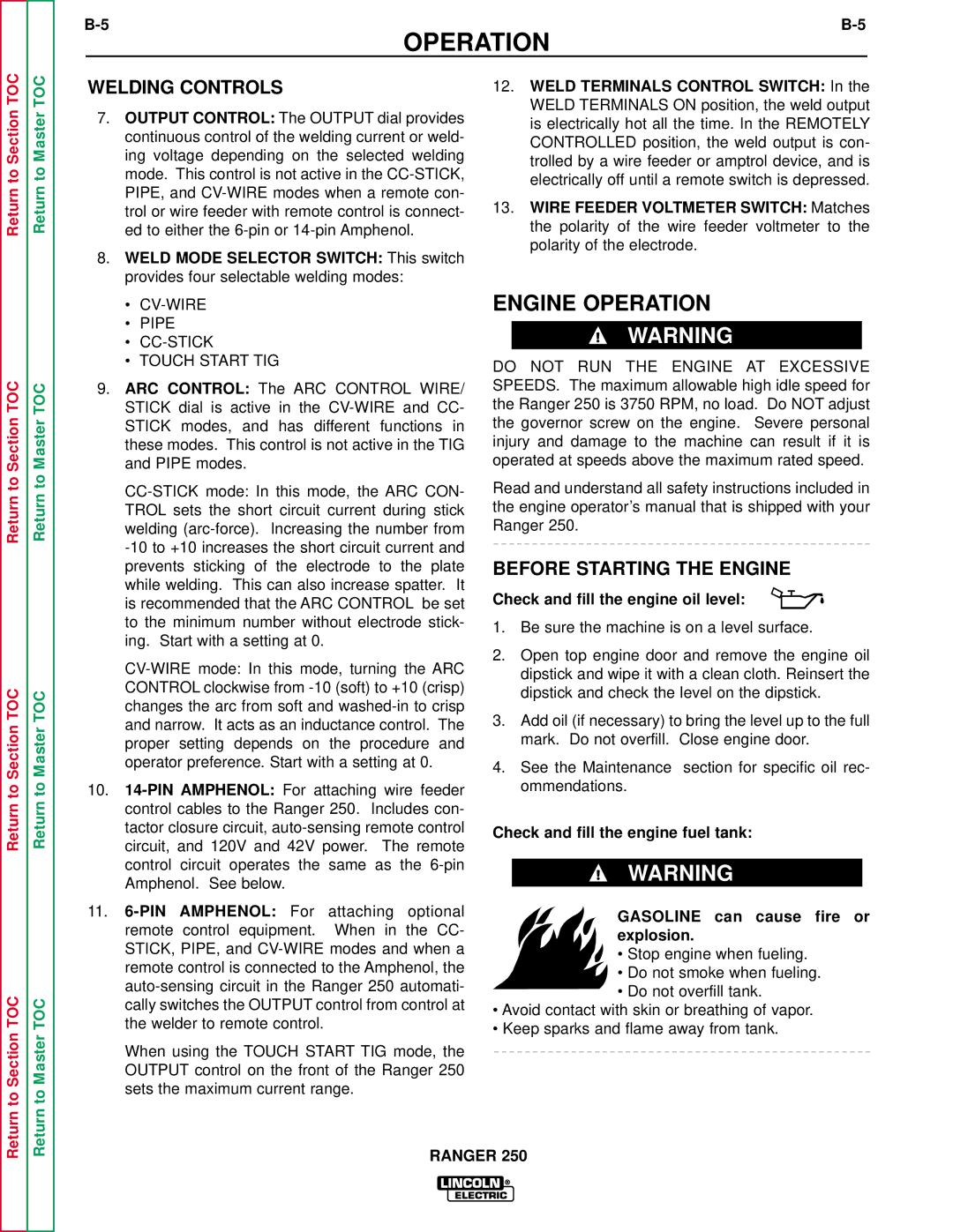 Lincoln Electric SVM150-A service manual Engine Operation, Welding Controls, Before Starting the Engine 