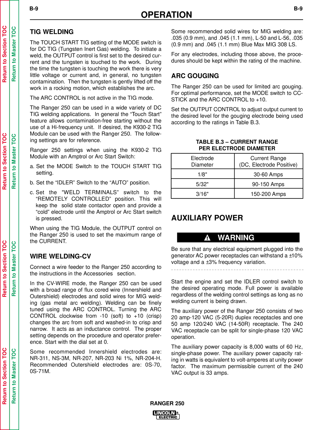 Lincoln Electric SVM150-A service manual Auxiliary Power, TIG Welding, Wire WELDING-CV, ARC Gouging 