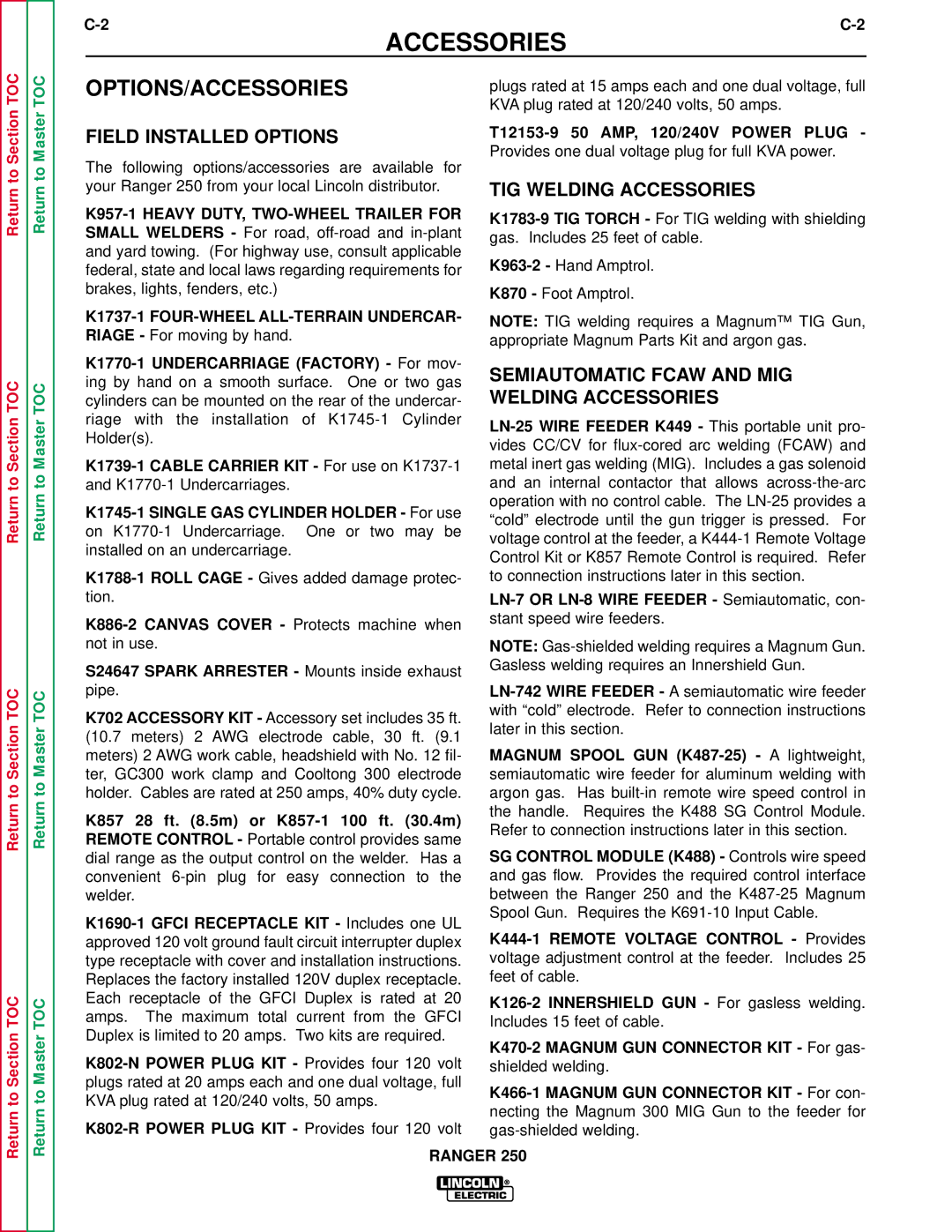 Lincoln Electric SVM150-A service manual Options/Accessories, Field Installed Options, TIG Welding Accessories 