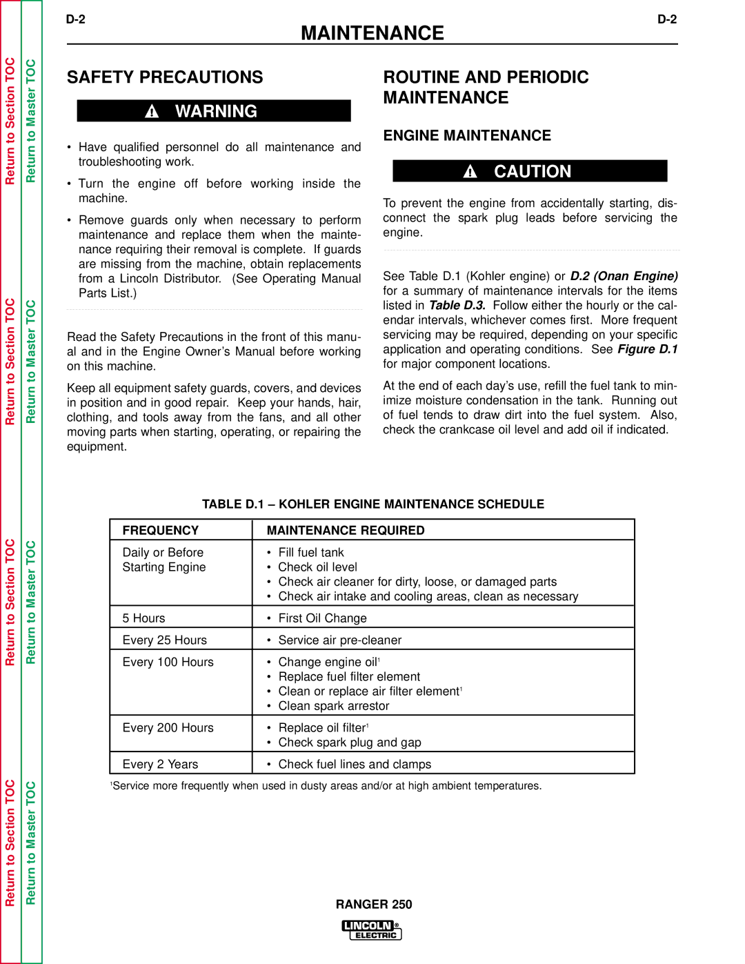 Lincoln Electric SVM150-A service manual Routine and Periodic Maintenance, Engine Maintenance 