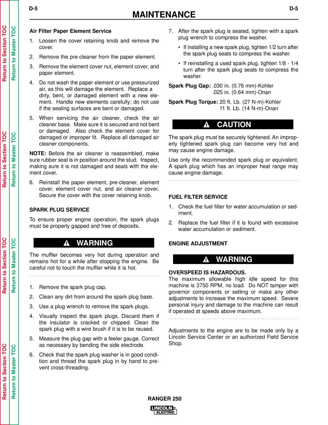 Lincoln Electric SVM150-A service manual Air Filter Paper Element Service, Spark Plug Service, Fuel Filter Service 