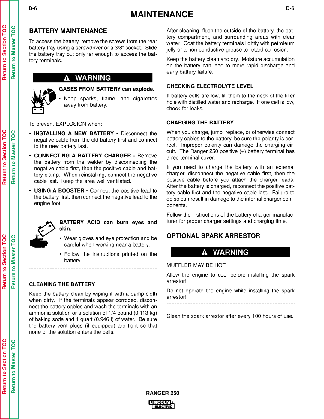 Lincoln Electric SVM150-A Battery Maintenance, Optional Spark Arrestor, Cleaning the Battery, Checking Electrolyte Level 