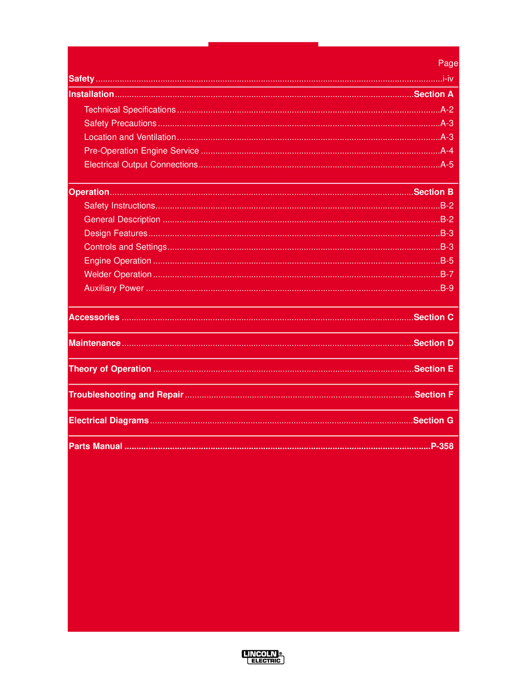 Lincoln Electric SVM150-A service manual Master Table of Contents for ALL Sections 