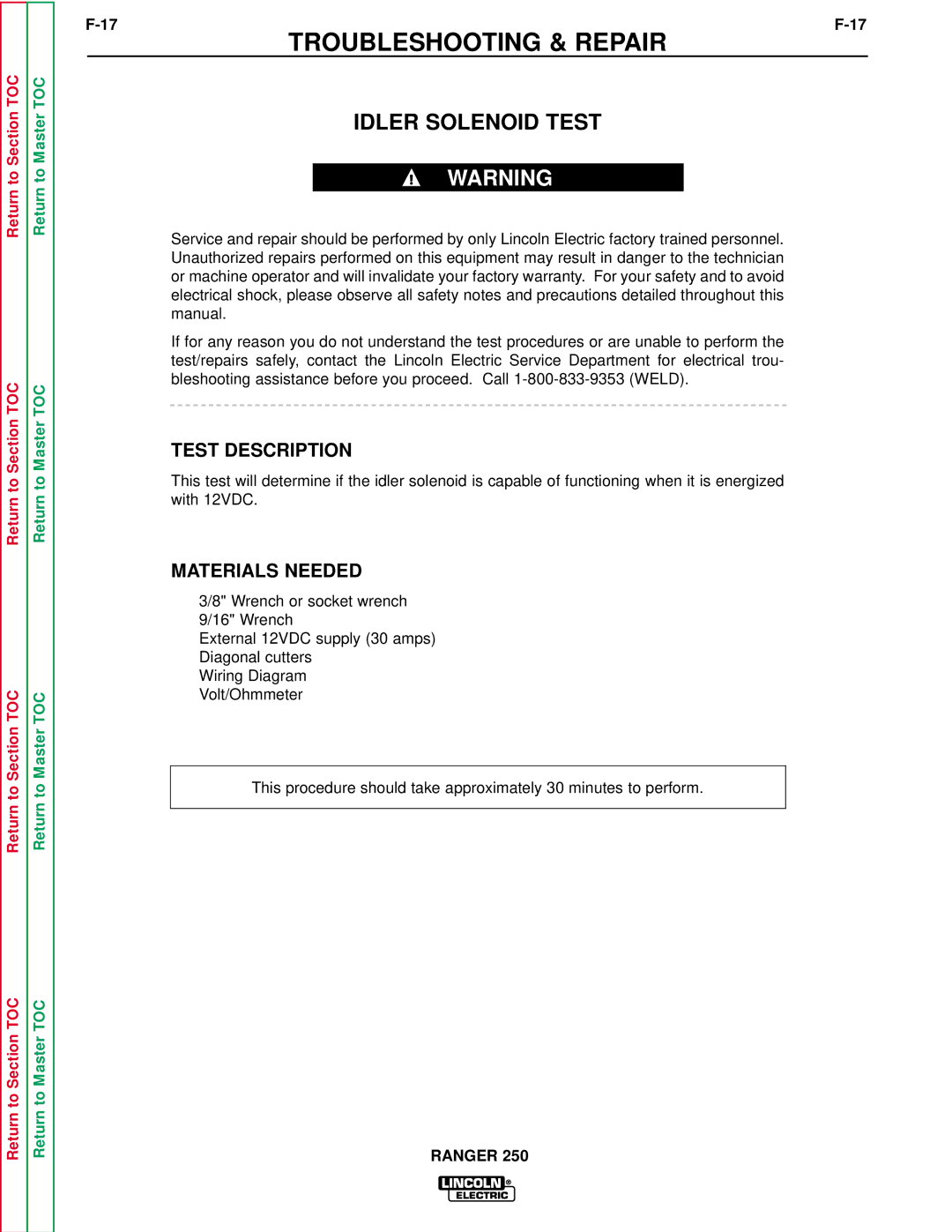 Lincoln Electric SVM150-A service manual Idler Solenoid Test 