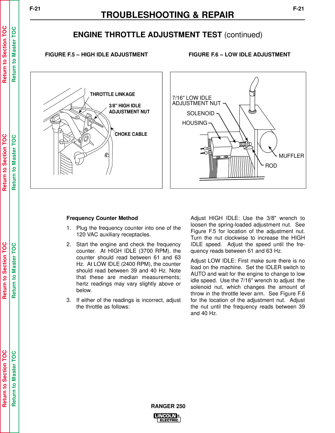 Lincoln Electric SVM150-A service manual Figure F.5 High Idle Adjustment, Frequency Counter Method 