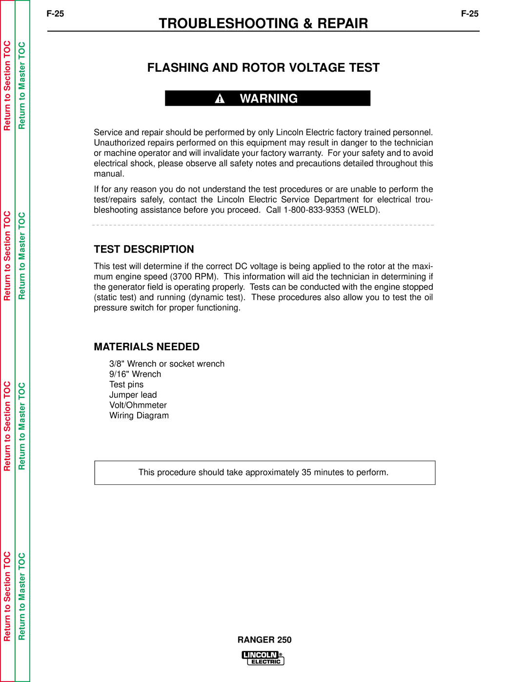 Lincoln Electric SVM150-A service manual Flashing and Rotor Voltage Test 