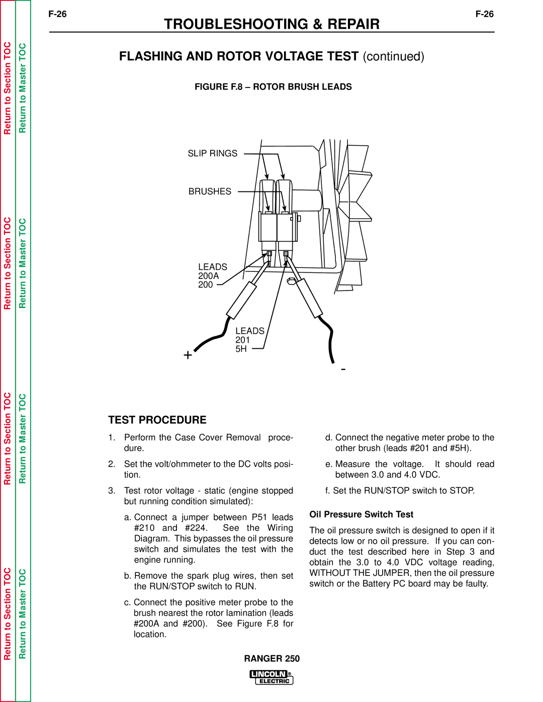 Lincoln Electric SVM150-A service manual Flashing and Rotor Voltage Test, Oil Pressure Switch Test 