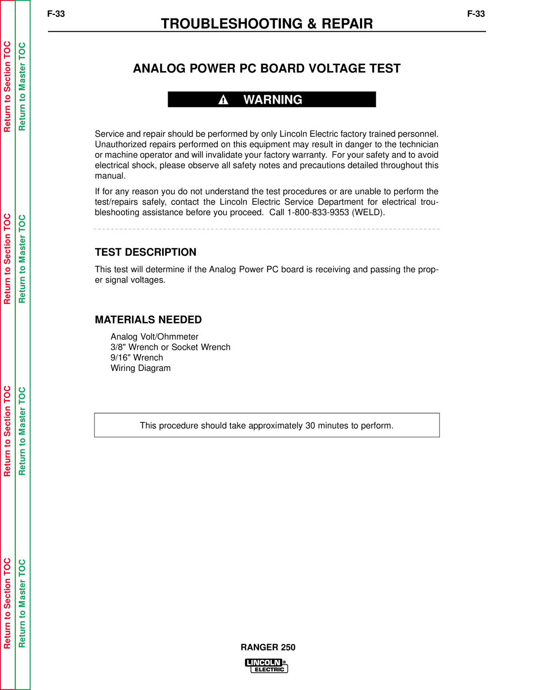 Lincoln Electric SVM150-A service manual Analog Power PC Board Voltage Test, Test Description 